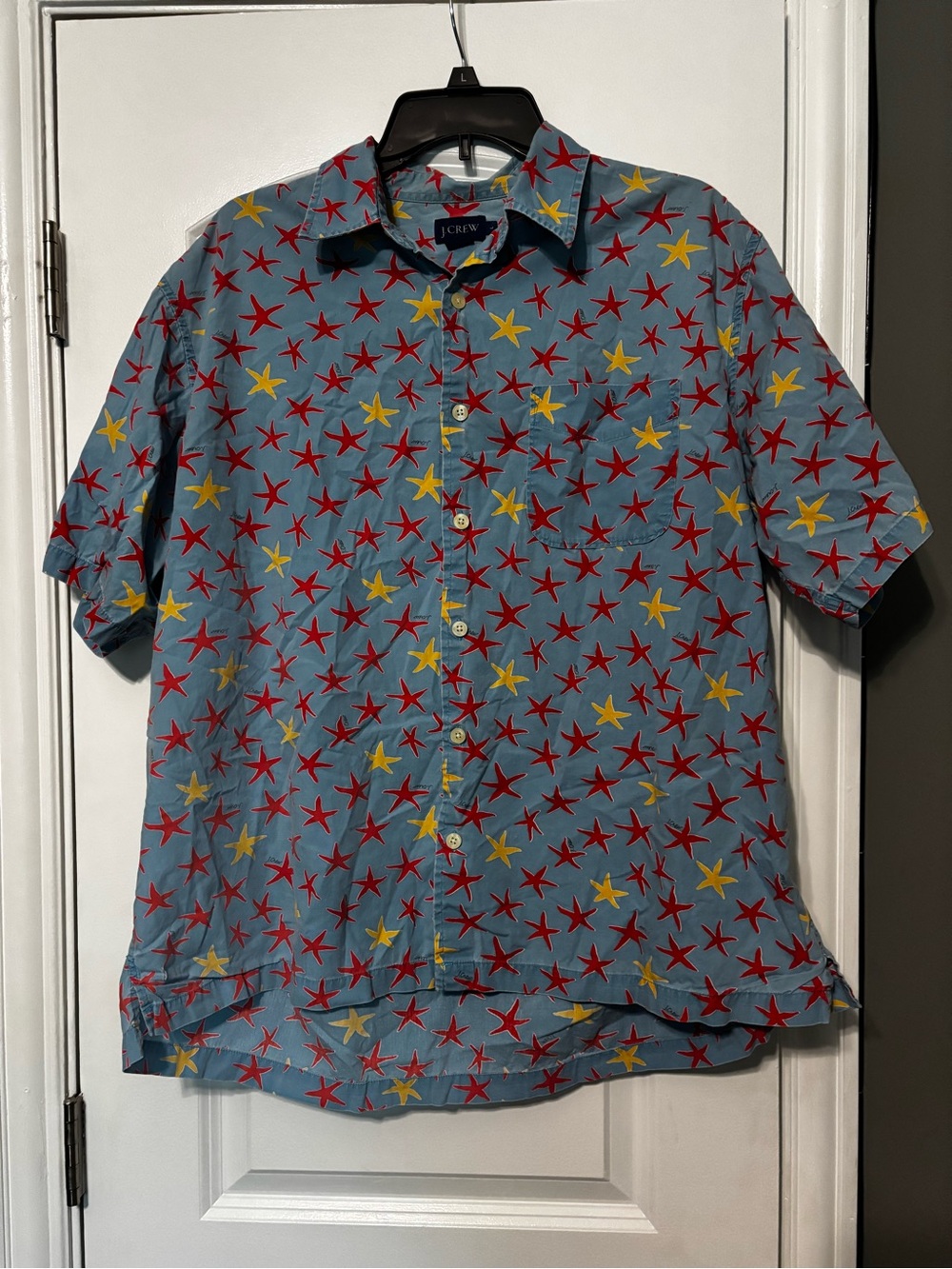 J. Crew Light Blue Short Sleeve Button-Down Shirt with Red & Yellow Star Print L